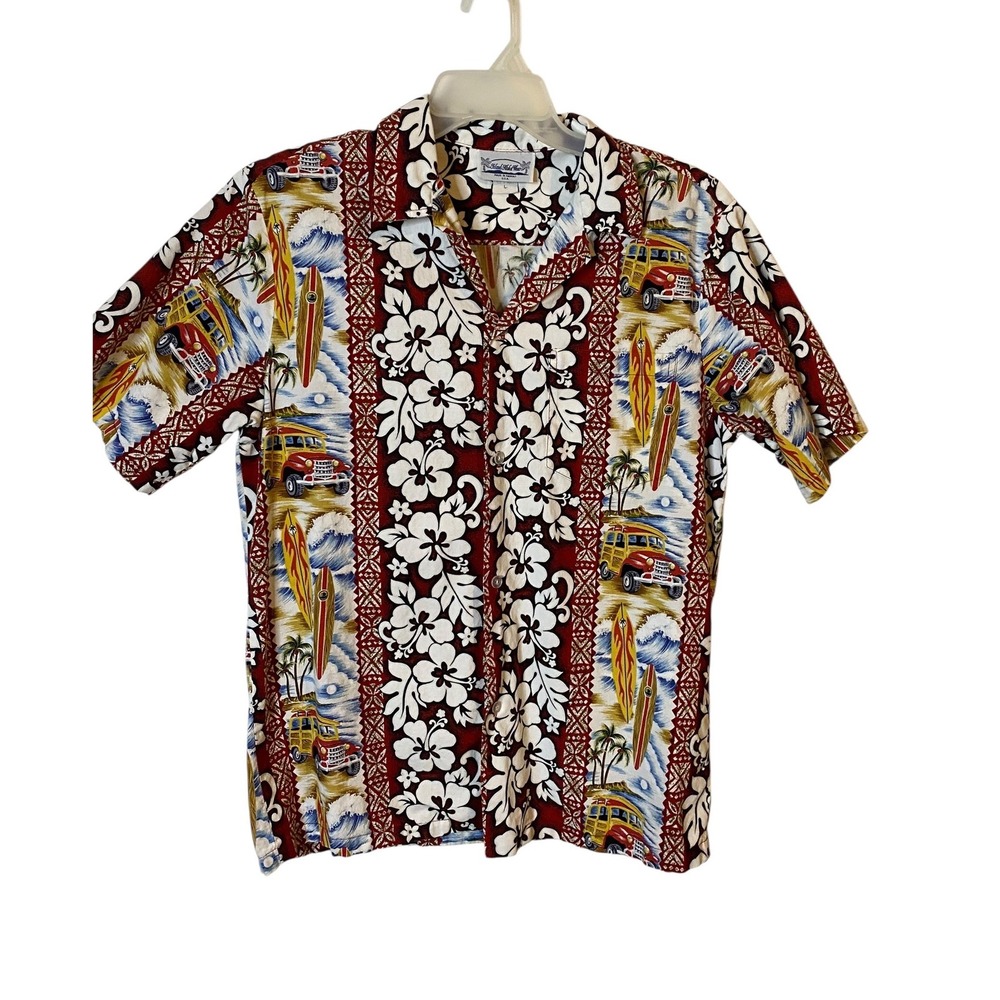 Island Aloha Wear Mens Large Red Floral Woodie Wagon Surfboard Hawaiian Shirt